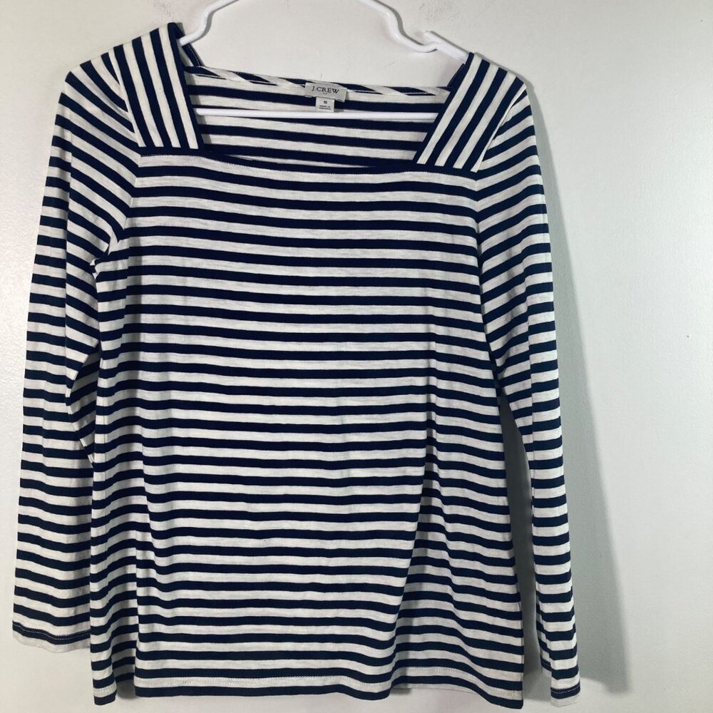 Womens J Crew Square Neck Breton Stripe Sailor Shirt S Navy White Long Sleeve Co